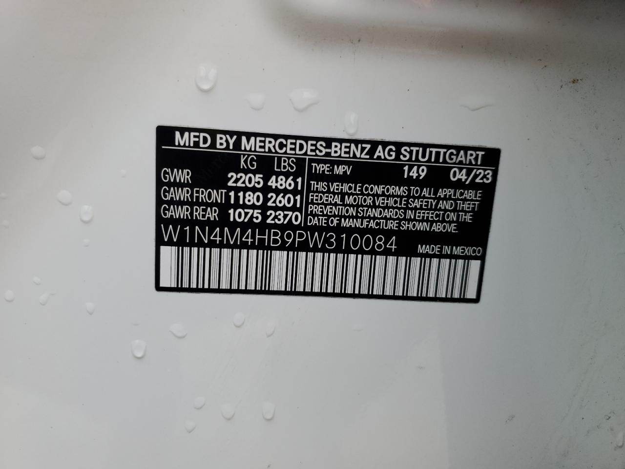 2023 MERCEDES-BENZ GLB 250 4MATIC VIN:W1N4M4HB9PW310084