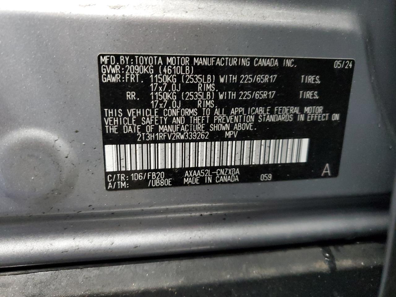 2024 TOYOTA RAV4 LE VIN:2T3H1RFV2RW339262