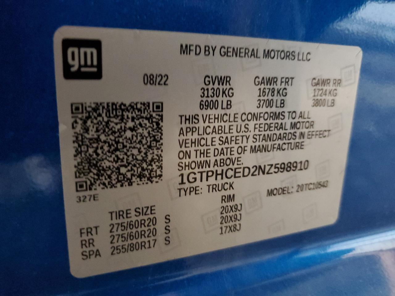 2022 GMC SIERRA C1500 ELEVATION VIN:1GTPHCED2NZ598910