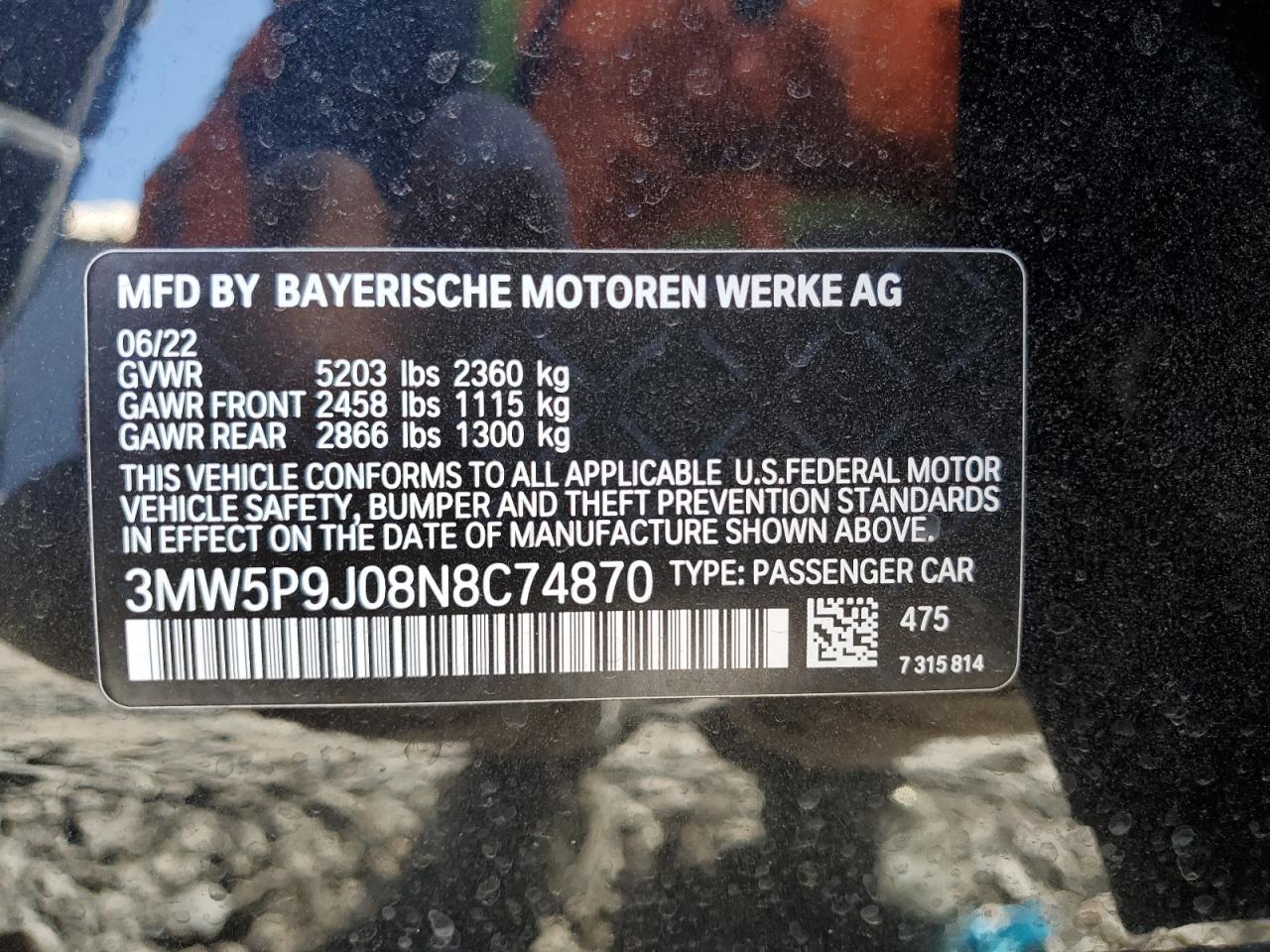 2022 BMW 330XE  VIN:3MW5P9J08N8C74870
