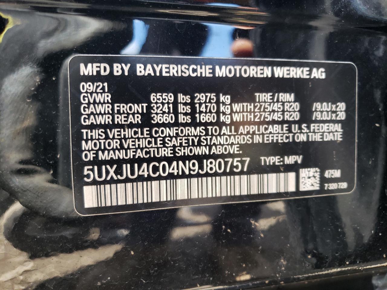 2022 BMW X5 M50I VIN:5UXJU4C04N9J80757