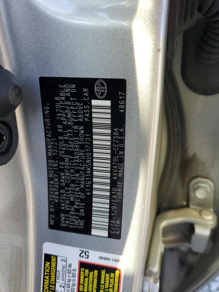 2022 TOYOTA CAMRY SE VIN:4T1G11AK5NU017731