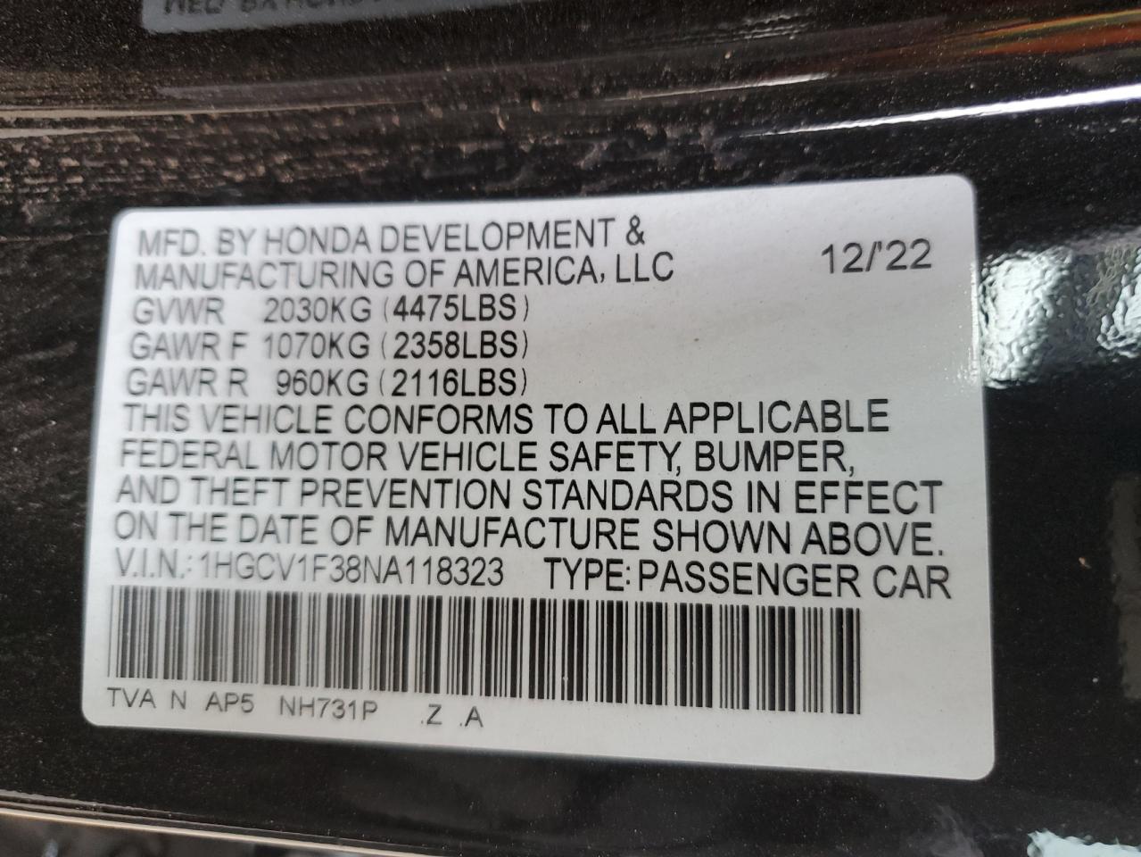 2022 HONDA ACCORD SPORT VIN:1HGCV1F38NA118323