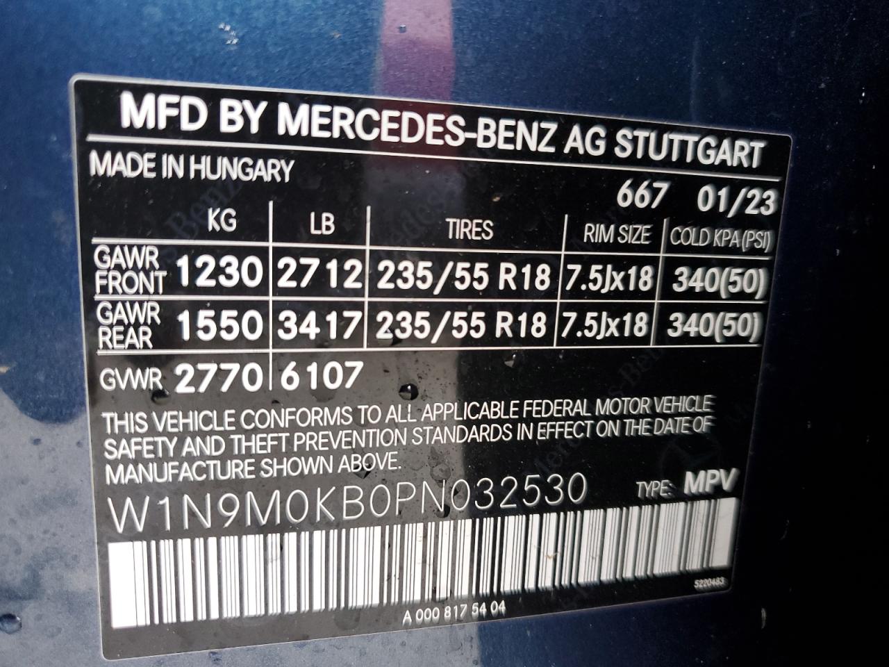 2023 MERCEDES-BENZ EQB 300 4MATIC VIN:W1N9M0KB0PN032530