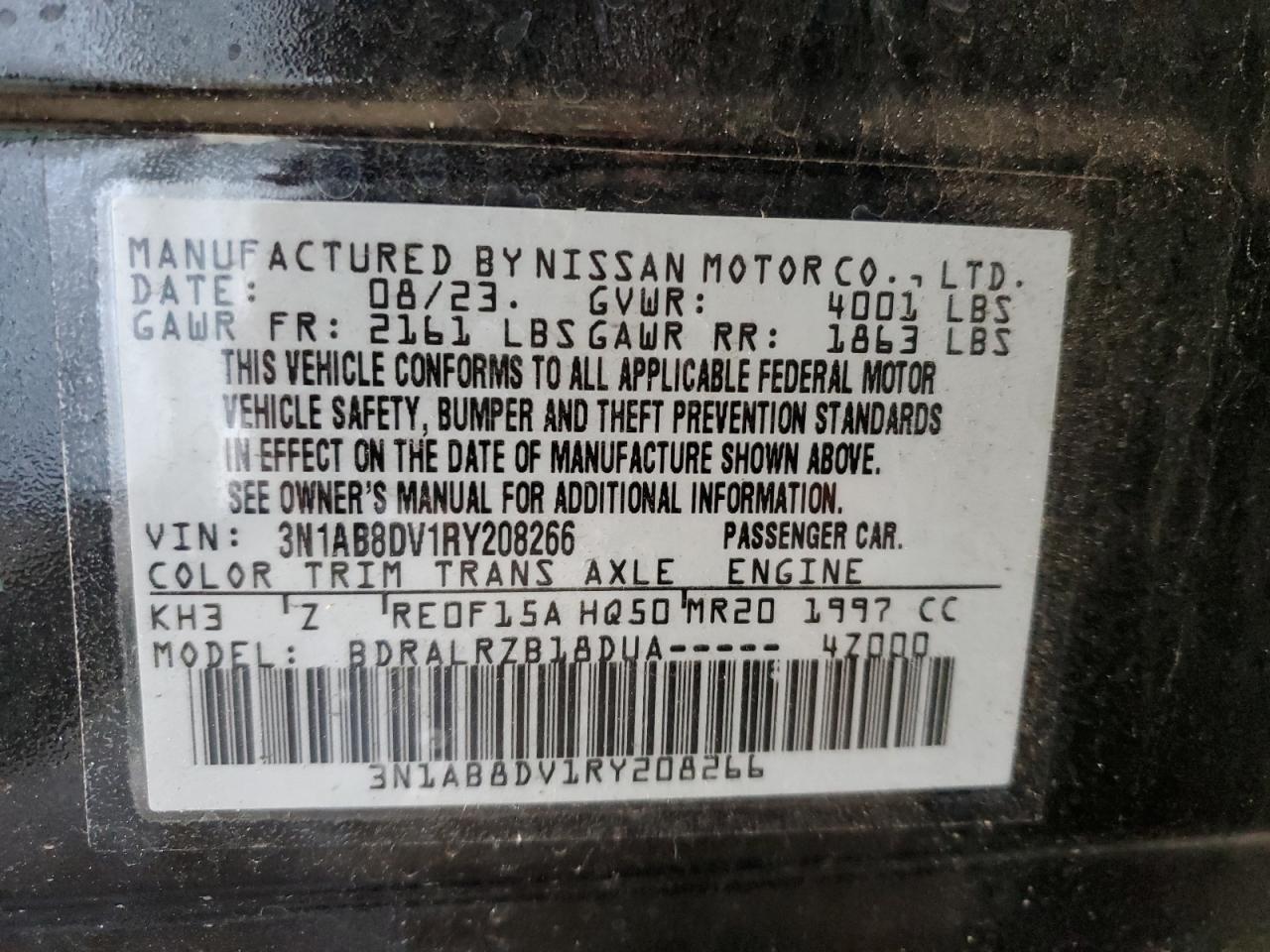 2024 NISSAN SENTRA SR VIN:3N1AB8DV1RY208266