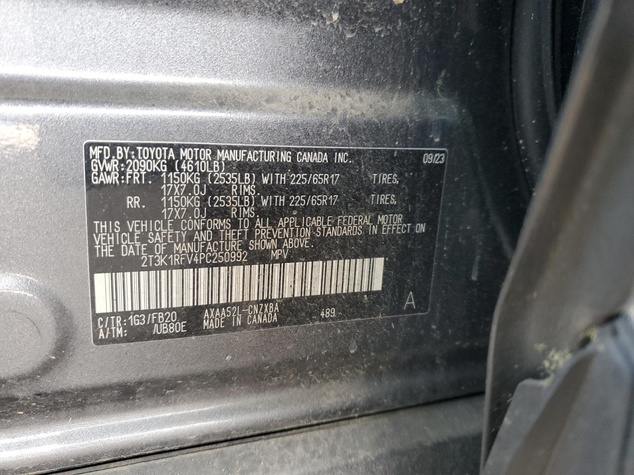 2023 TOYOTA RAV4 LE VIN:2T3K1RFV4PC250992