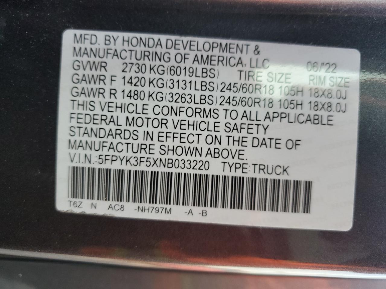 2022 HONDA RIDGELINE RTL VIN:5FPYK3F5XNB033220