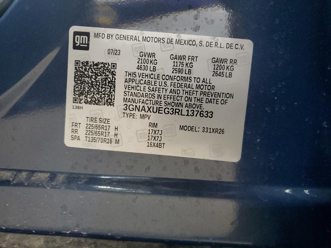 2024 CHEVROLET EQUINOX LT VIN:3GNAXUEG3RL137633