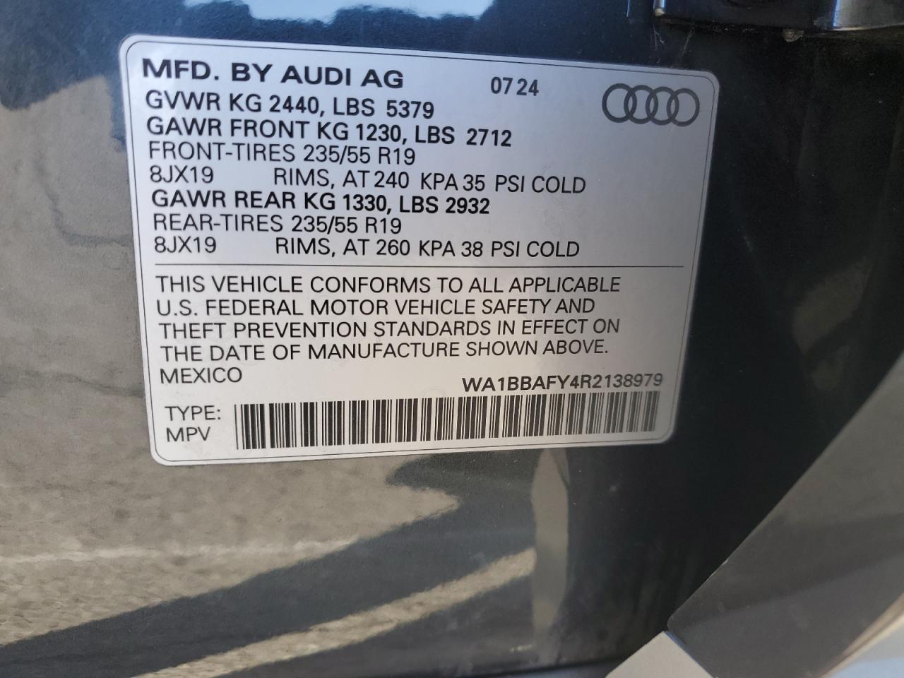 2024 AUDI Q5 PREMIUM PLUS 40 VIN:WA1BBAFY4R2138979