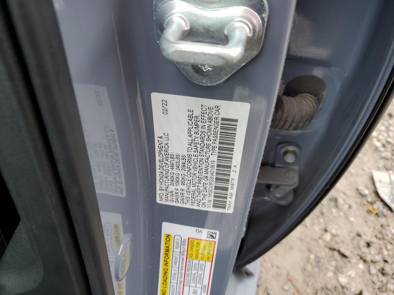 2022 HONDA ACCORD HYBRID SPORT VIN:1HGCV3F23NA015619