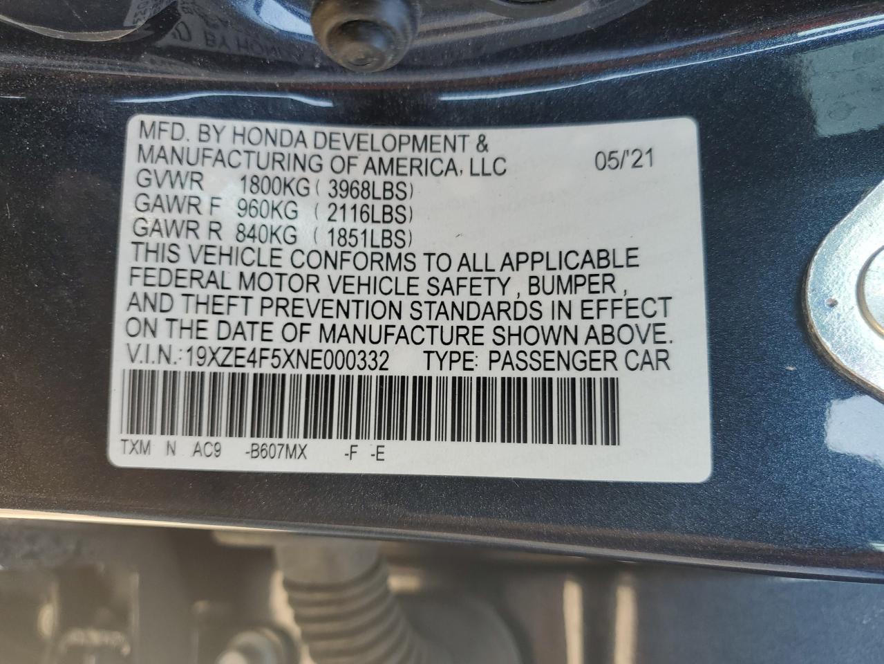 2022 HONDA INSIGHT EX VIN:19XZE4F5XNE000332