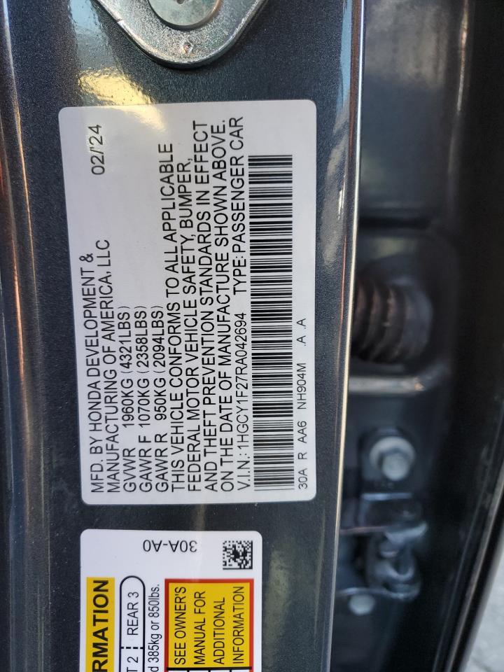 2024 HONDA ACCORD LX VIN:1HGCY1F27RA042694