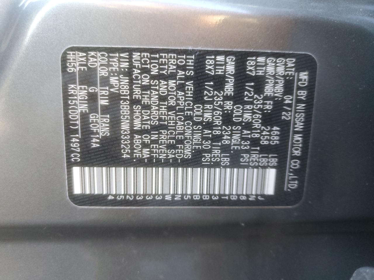 2022 NISSAN ROGUE SV VIN:JN8BT3BB5NW333254