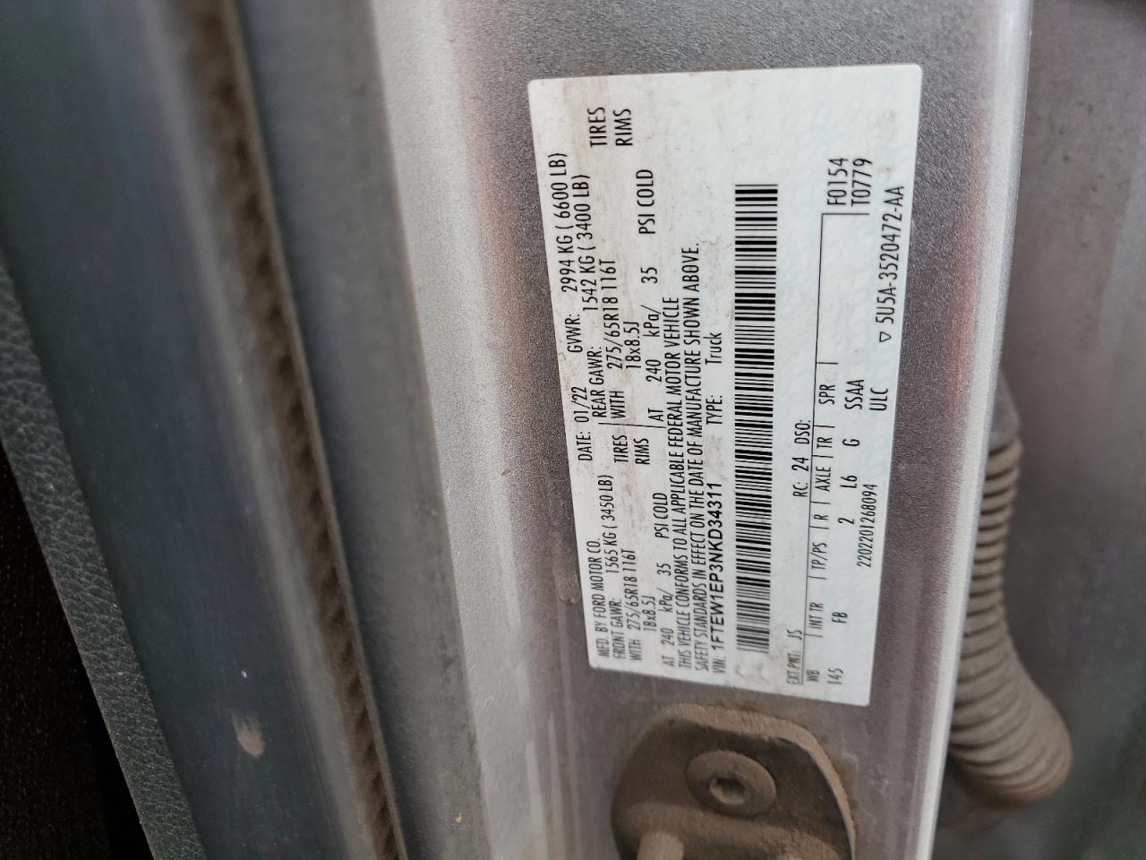 2022 FORD F150 SUPERCREW VIN:1FTEW1EP3NKD34311