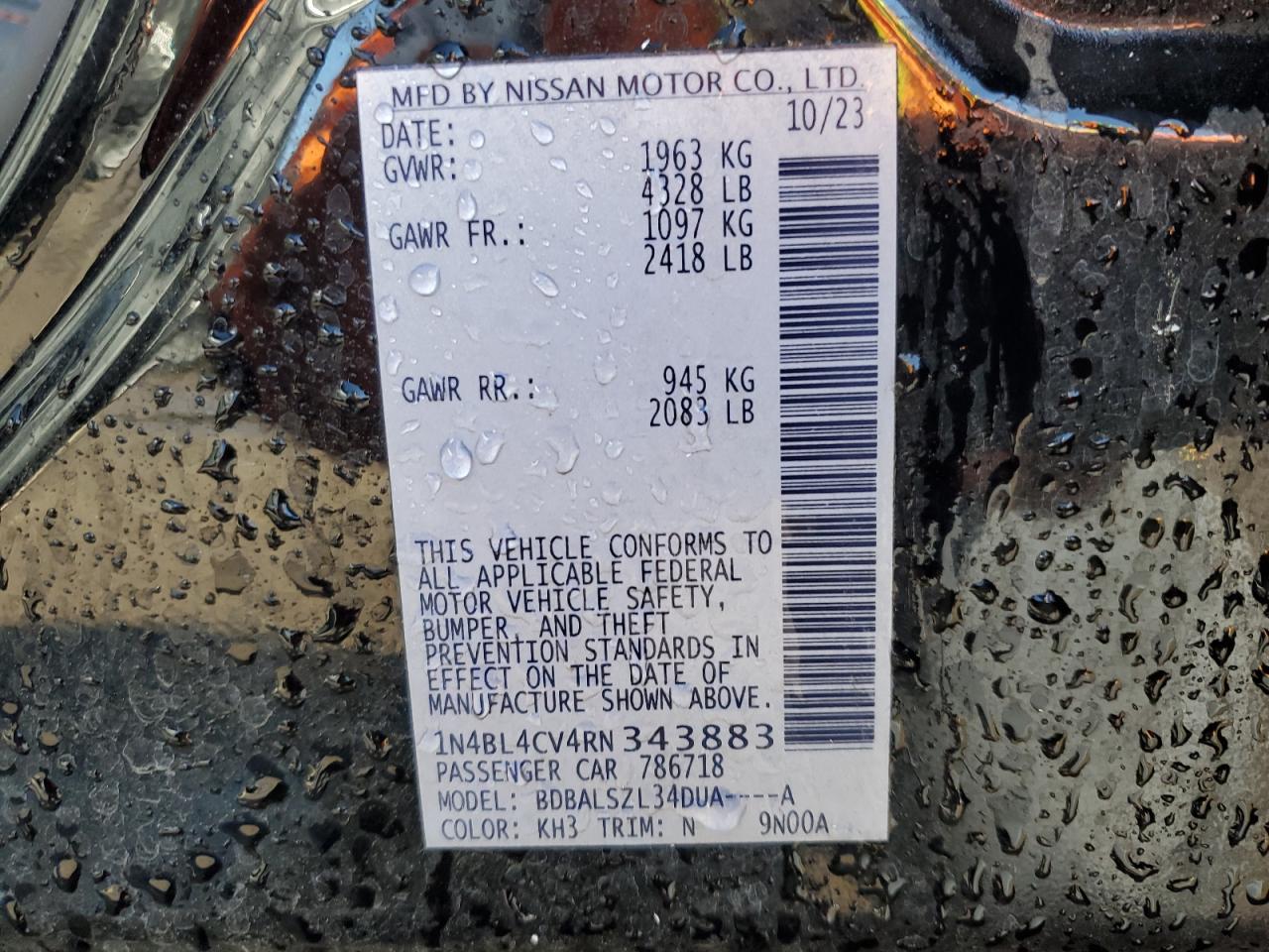 2024 NISSAN ALTIMA SR VIN:1N4BL4CV4RN343883