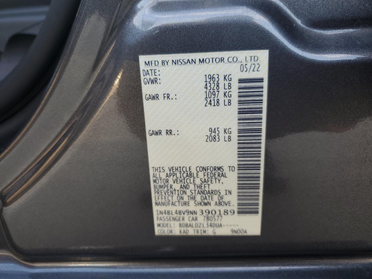 2022 NISSAN ALTIMA S VIN:1N4BL4BV9NN390189