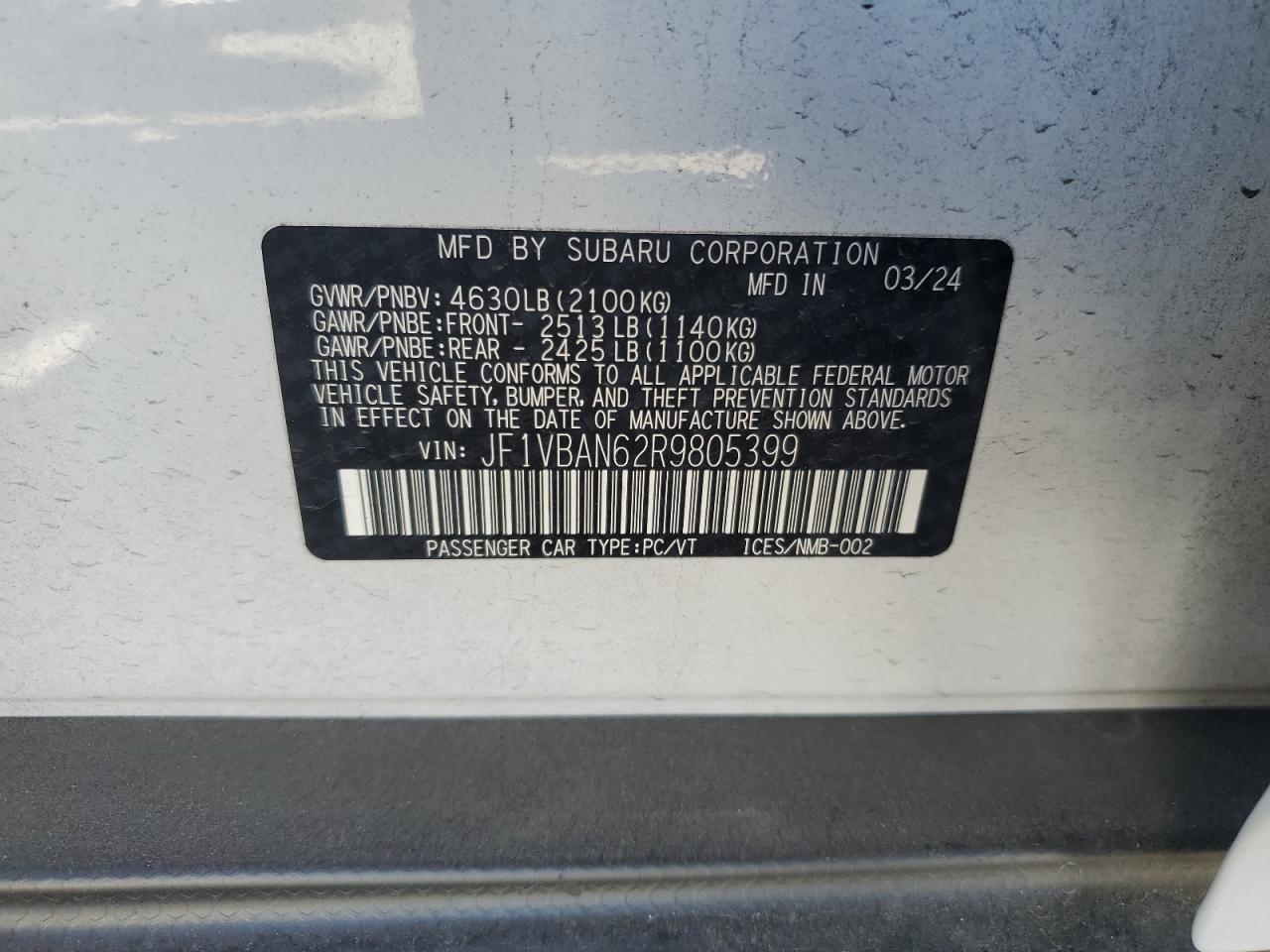 2024 SUBARU WRX LIMITED VIN:JF1VBAN62R9805399