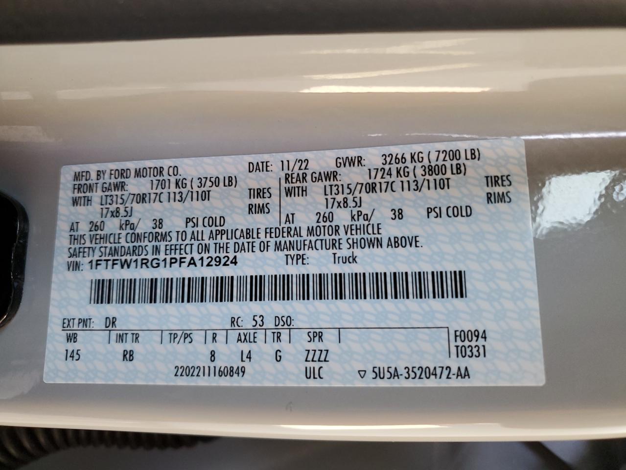 2023 FORD F150 RAPTOR VIN:1FTFW1RG1PFA12924