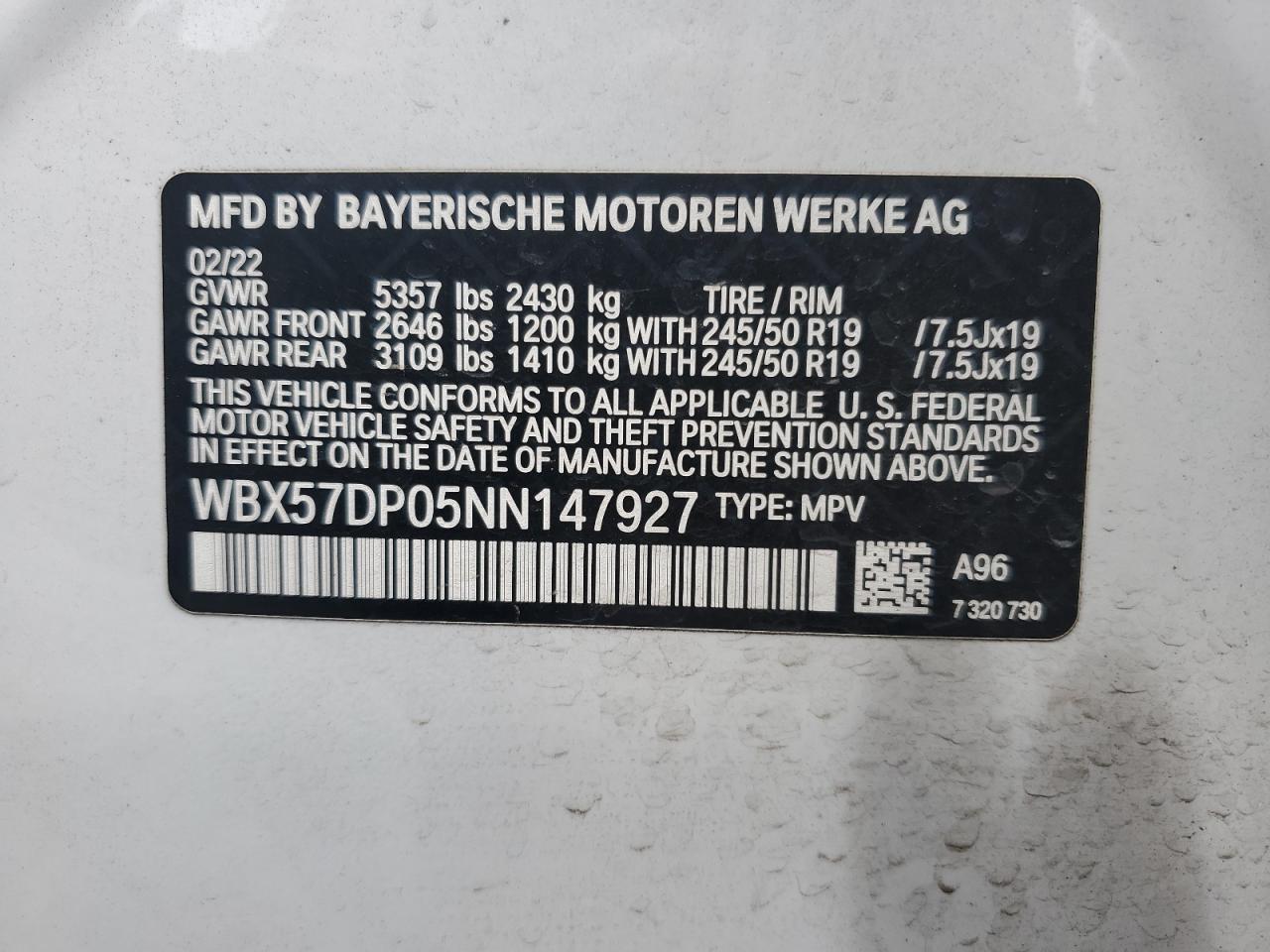 2022 BMW X3 XDRIVE30I VIN:WBX57DP05NN147927