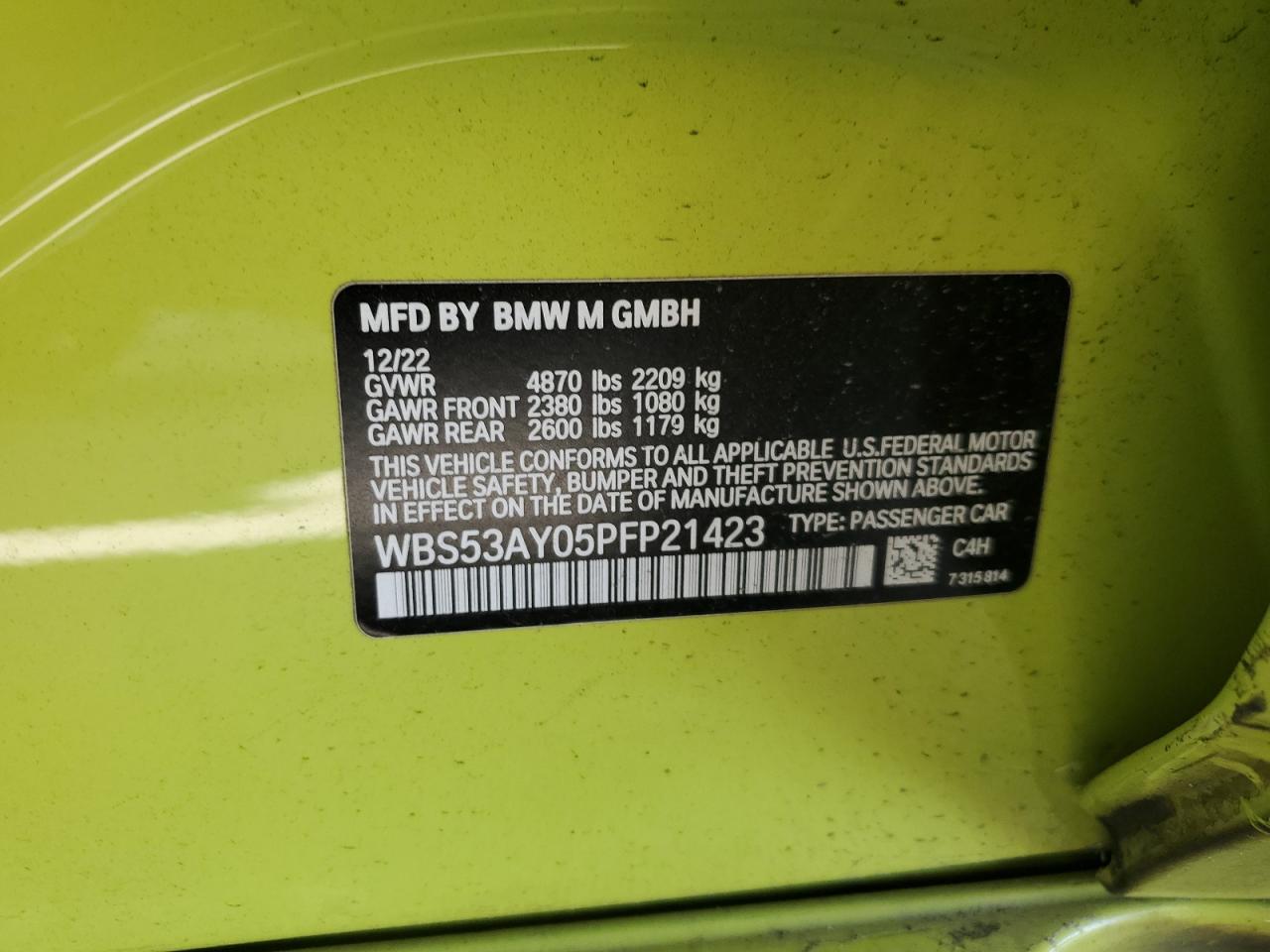 2023 BMW M3  VIN:WBS53AY05PFP21423