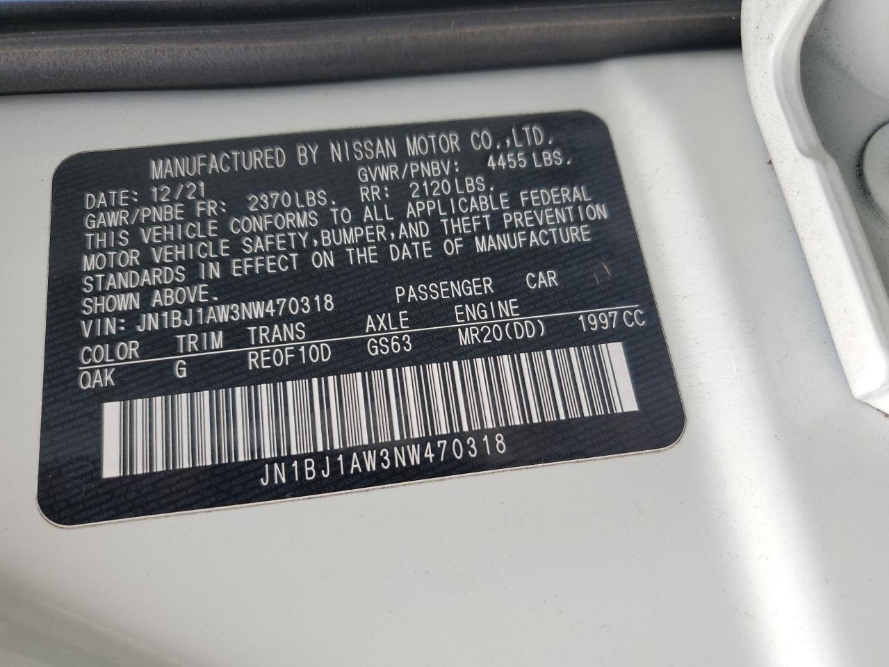 2022 NISSAN ROGUE SPORT S VIN:JN1BJ1AW3NW470318