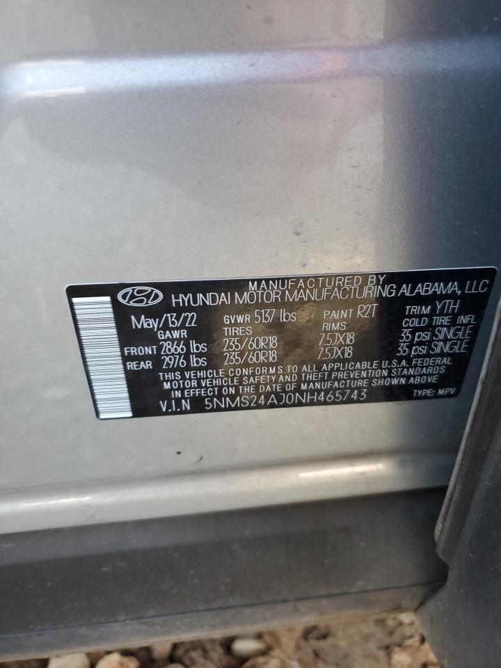 2022 HYUNDAI SANTA FE SEL VIN:5NMS24AJ0NH465743