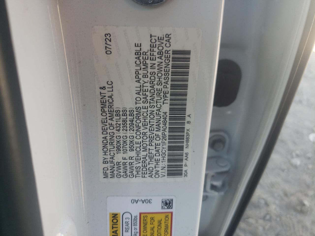 2023 HONDA ACCORD LX VIN:1HGCY1F26PA048404
