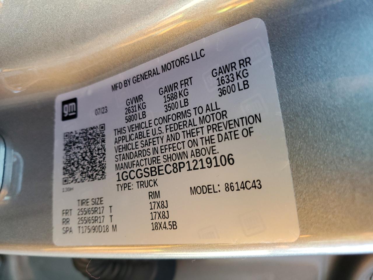 2023 CHEVROLET COLORADO  VIN:1GCGSBEC8P1219106