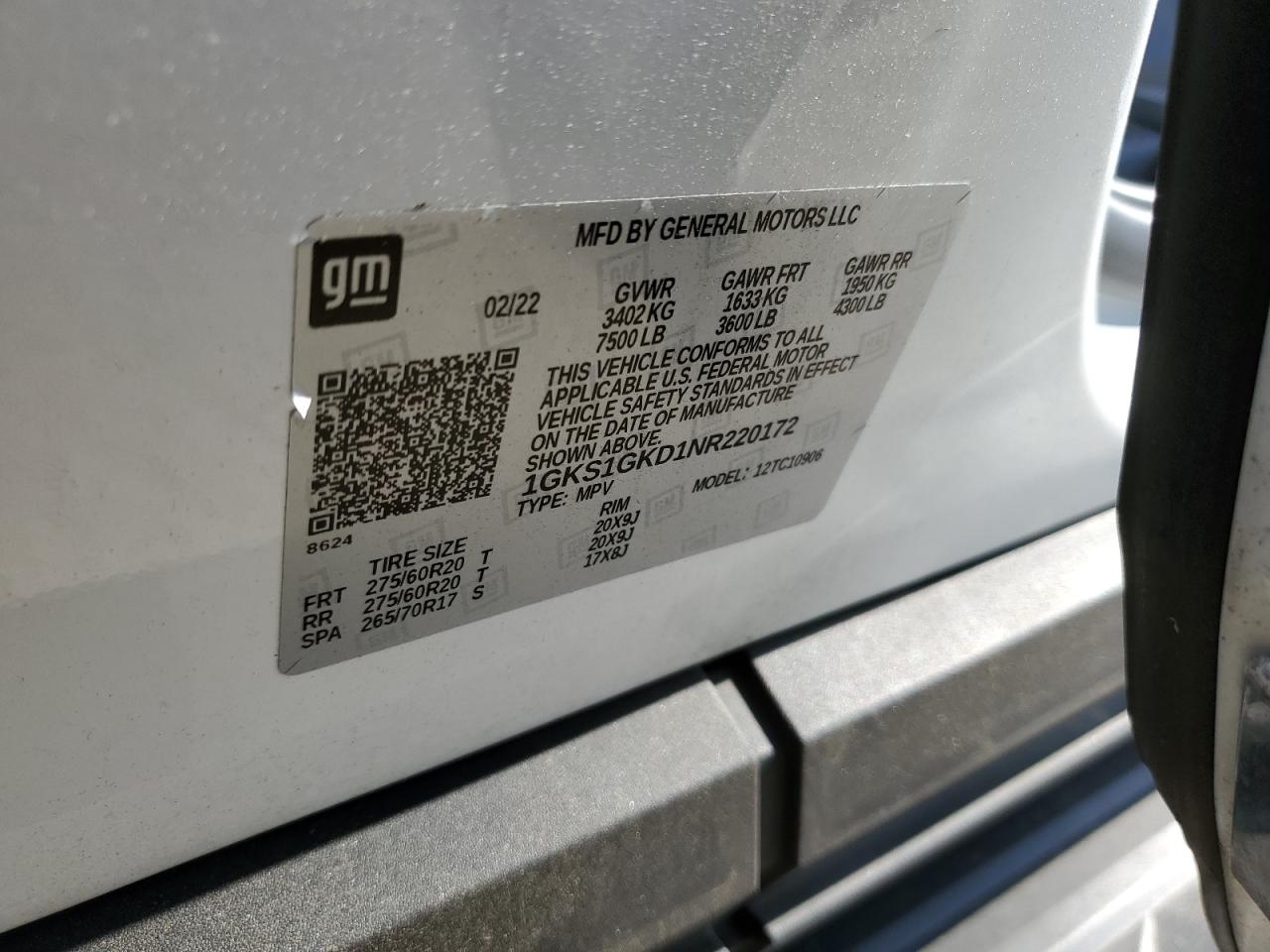2022 GMC YUKON XL C1500 SLT VIN:1GKS1GKD1NR220172