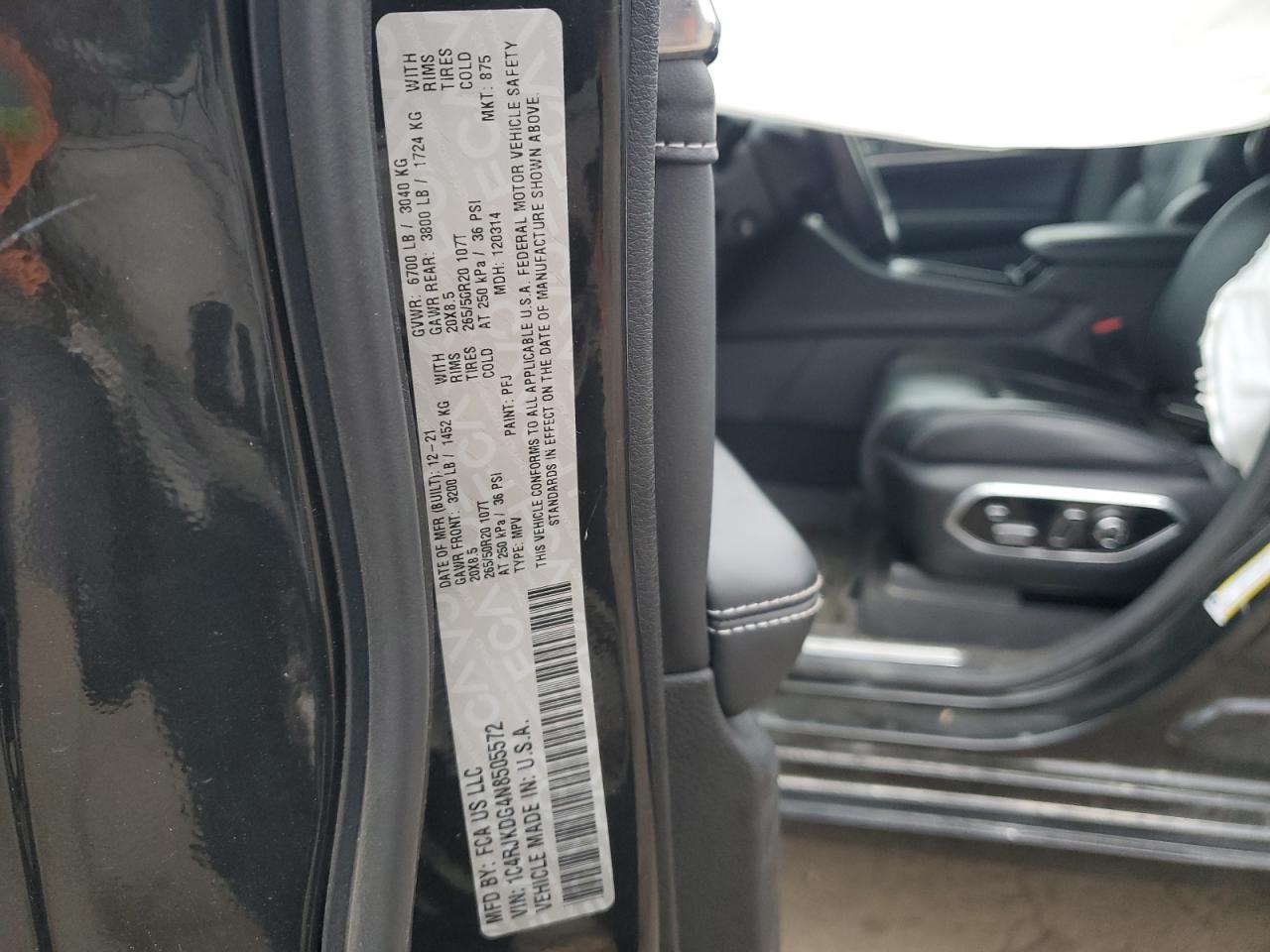 2022 JEEP GRAND CHEROKEE L OVERLAND VIN:1C4RJKDG4N8505572