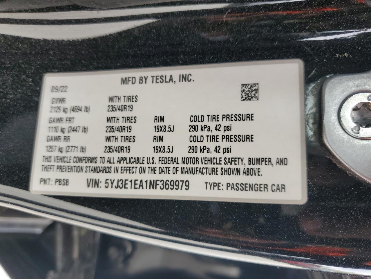 2022 TESLA MODEL 3  VIN:5YJ3E1EA1NF369979