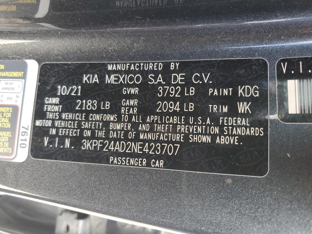 2022 KIA FORTE FE VIN:3KPF24AD2NE423707
