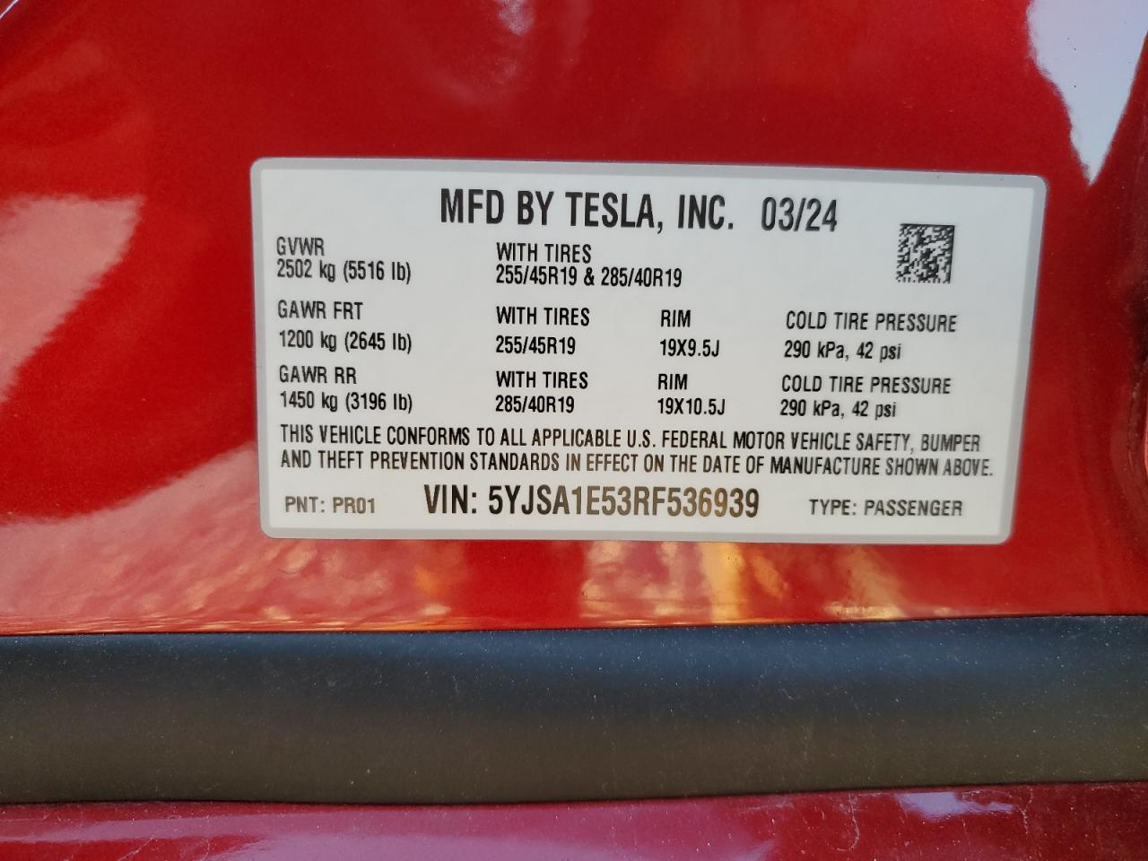 2024 TESLA MODEL S  VIN:5YJSA1E53RF536939