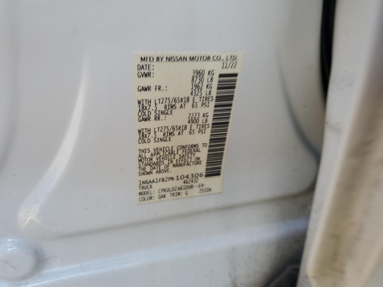2023 NISSAN TITAN XD SV VIN:1N6AA1FB2PN104306