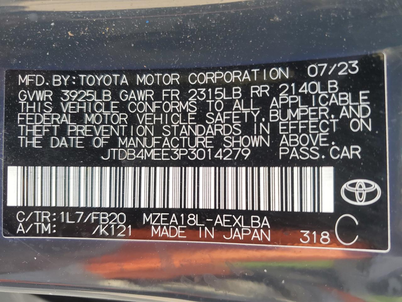 2023 TOYOTA COROLLA LE VIN:JTDB4MEE3P3014279