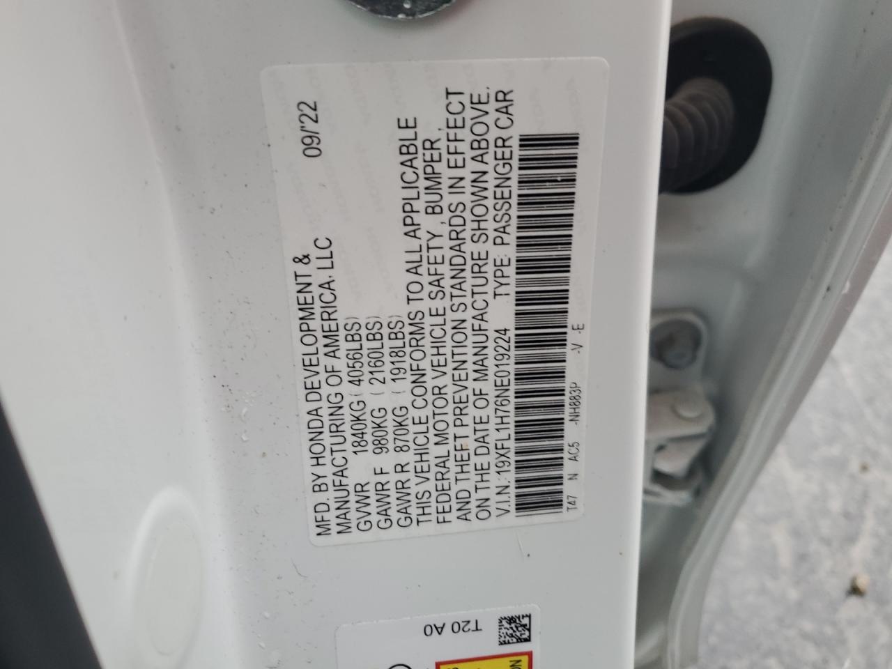 2022 HONDA CIVIC EXL VIN:19XFL1H76NE019224