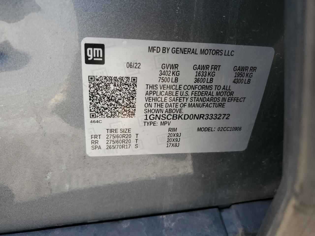 2022 CHEVROLET SUBURBAN C1500 LS VIN:1GNSCBKD0NR333272