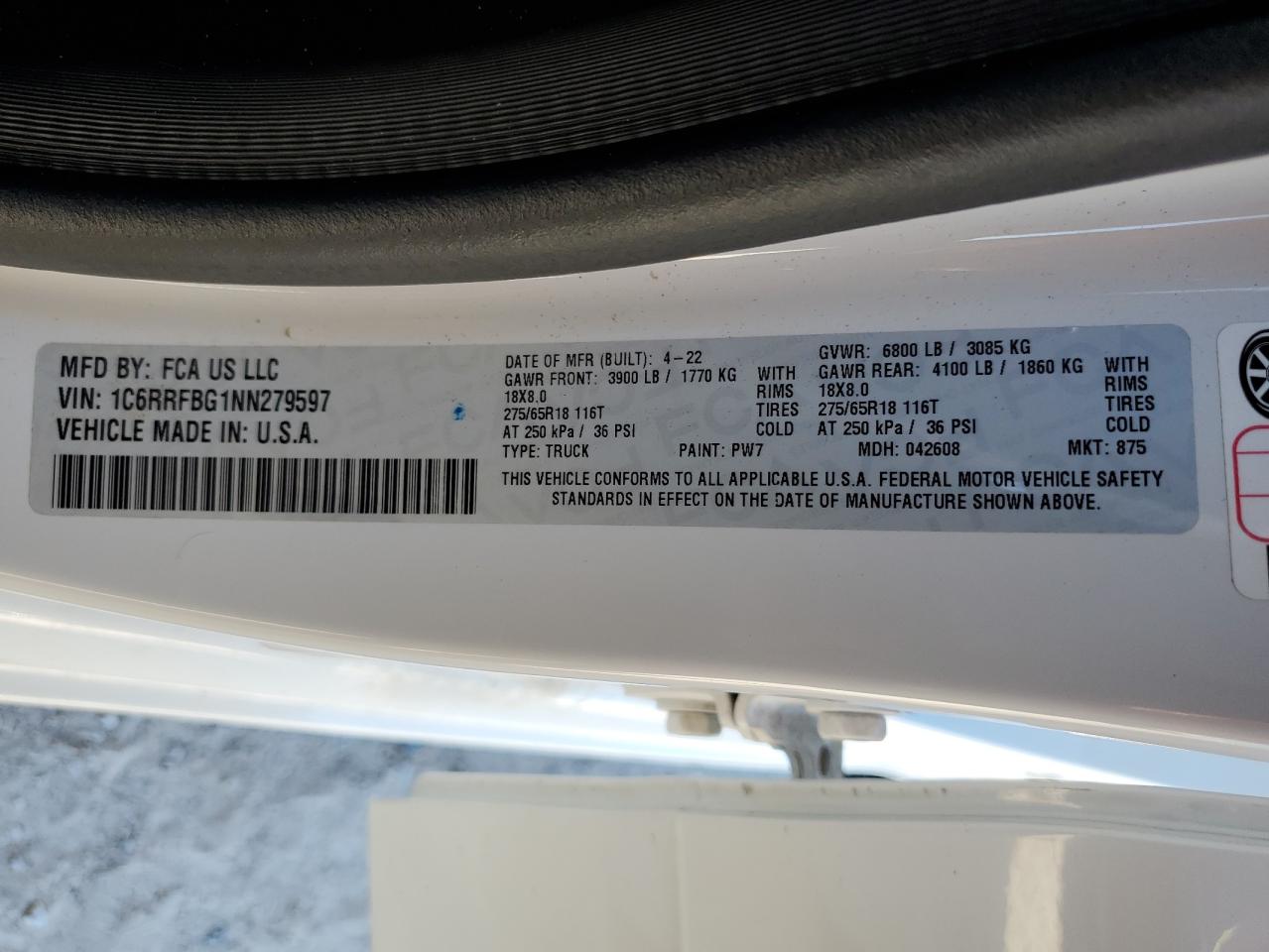 2022 RAM 1500 BIG HORN/LONE STAR VIN:1C6RRFBG1NN279597