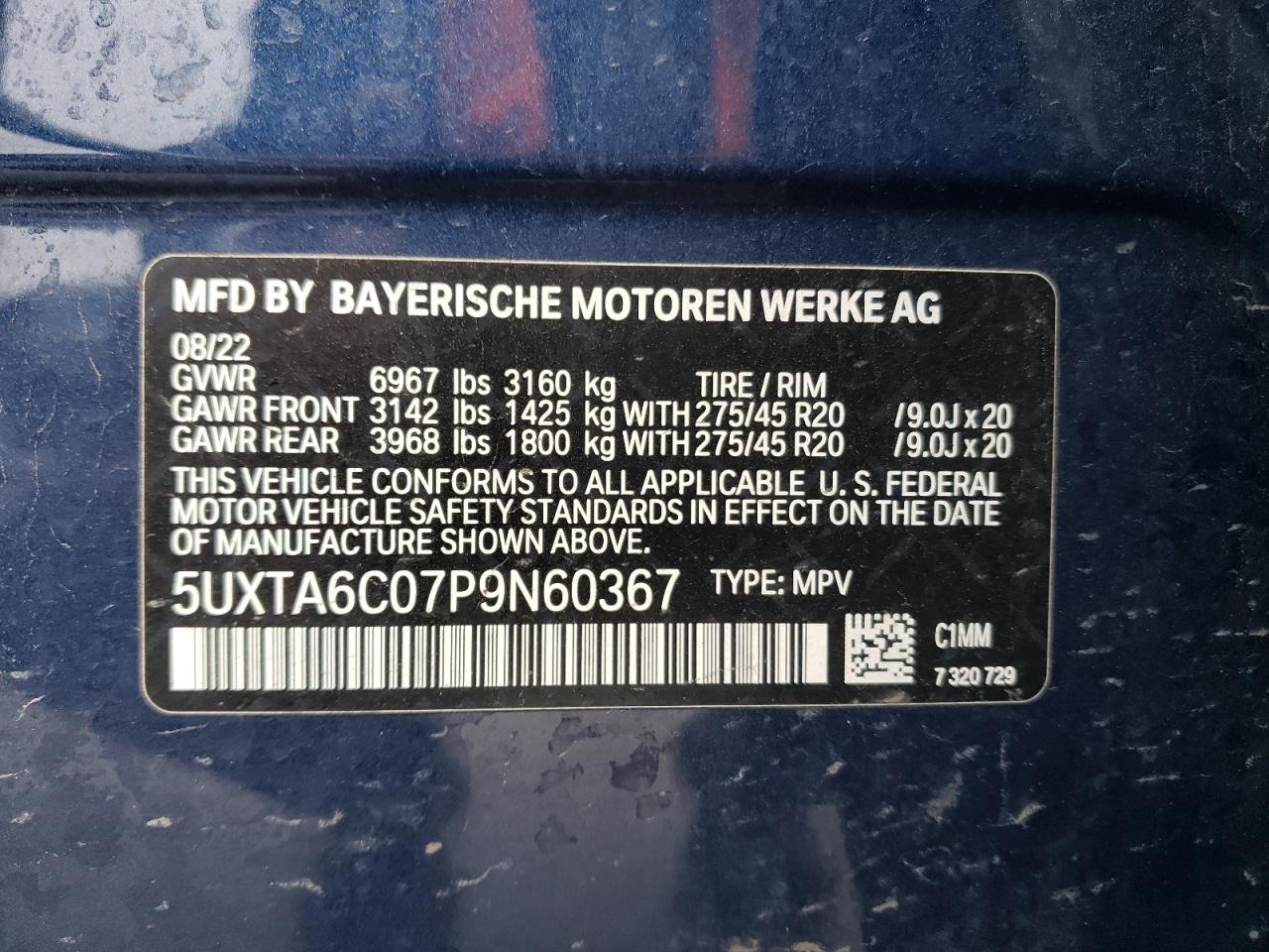 2023 BMW X5 XDRIVE45E VIN:5UXTA6C07P9N60367