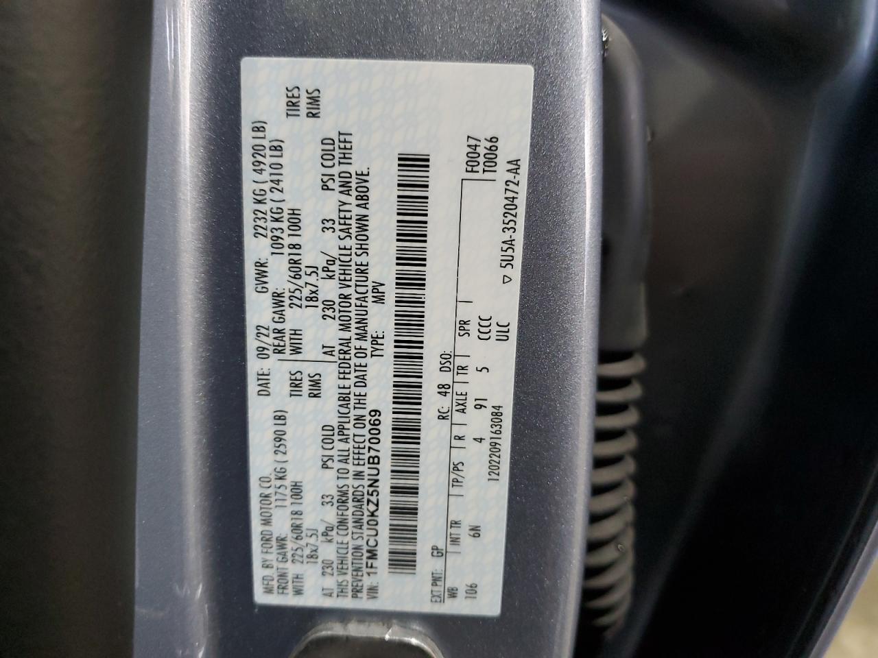 2022 FORD ESCAPE SEL VIN:1FMCU0KZ5NUB70069