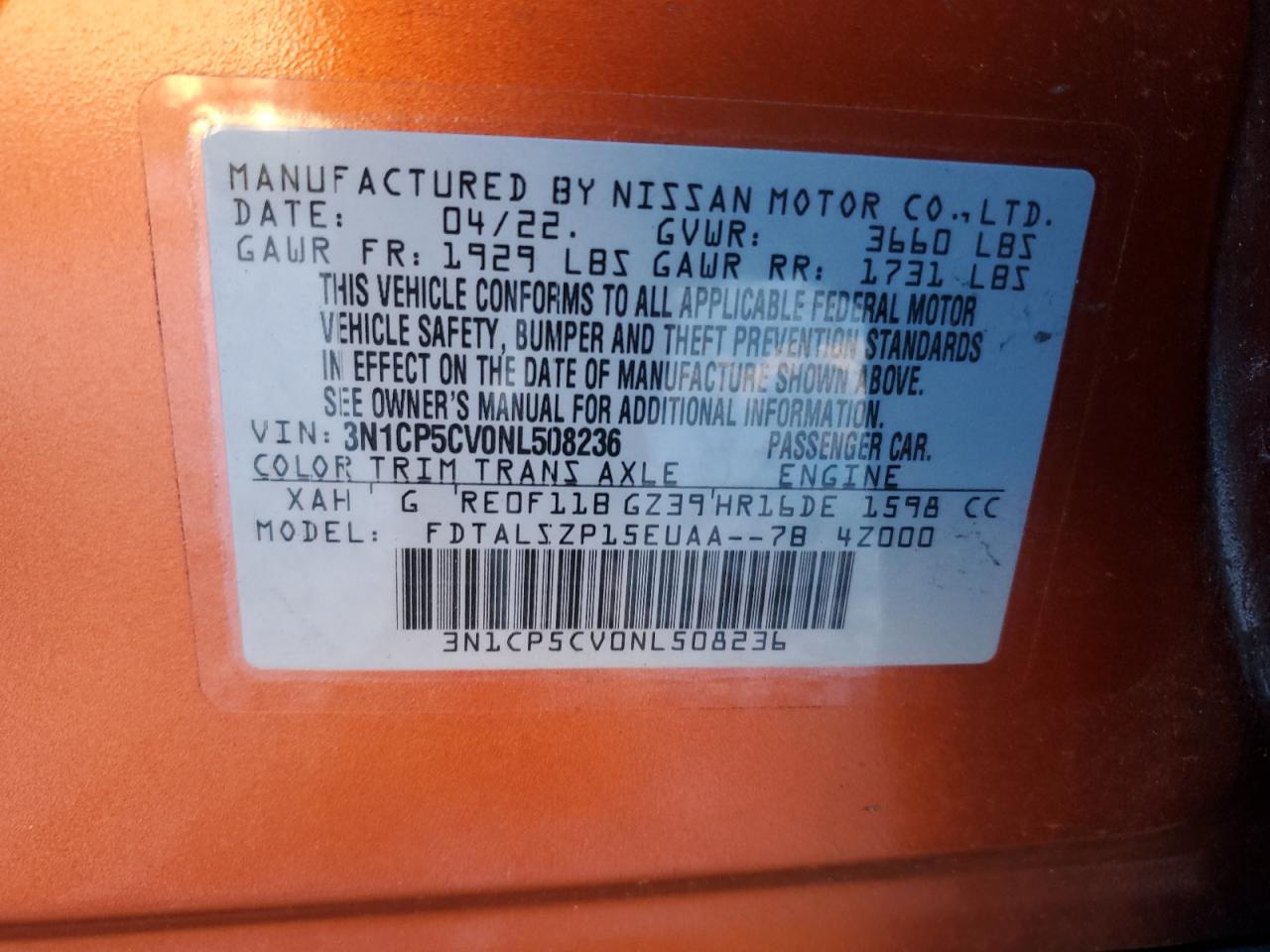 2022 NISSAN KICKS SV VIN:3N1CP5CV0NL508236