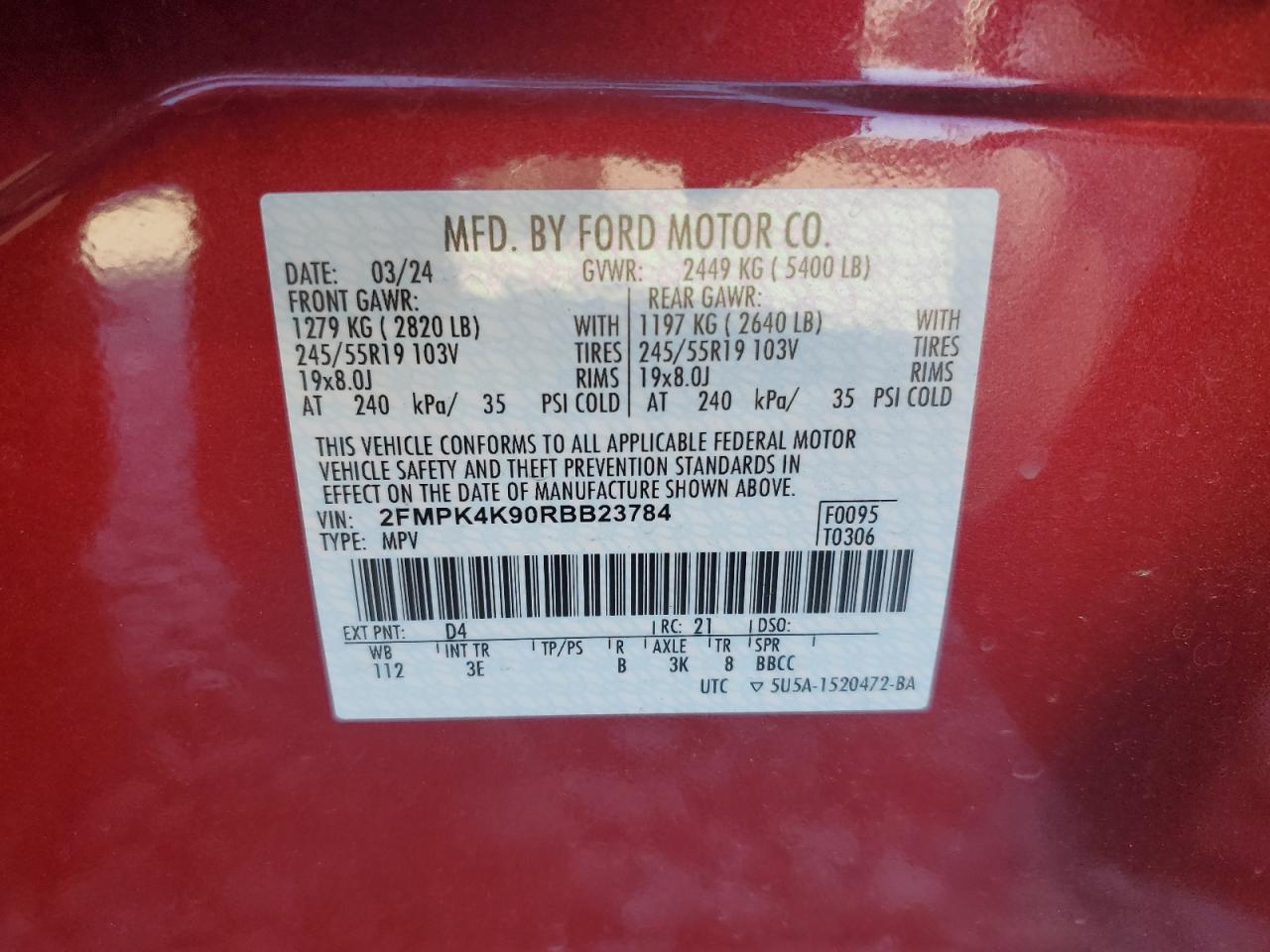2024 FORD EDGE TITANIUM VIN:2FMPK4K90RBB23784