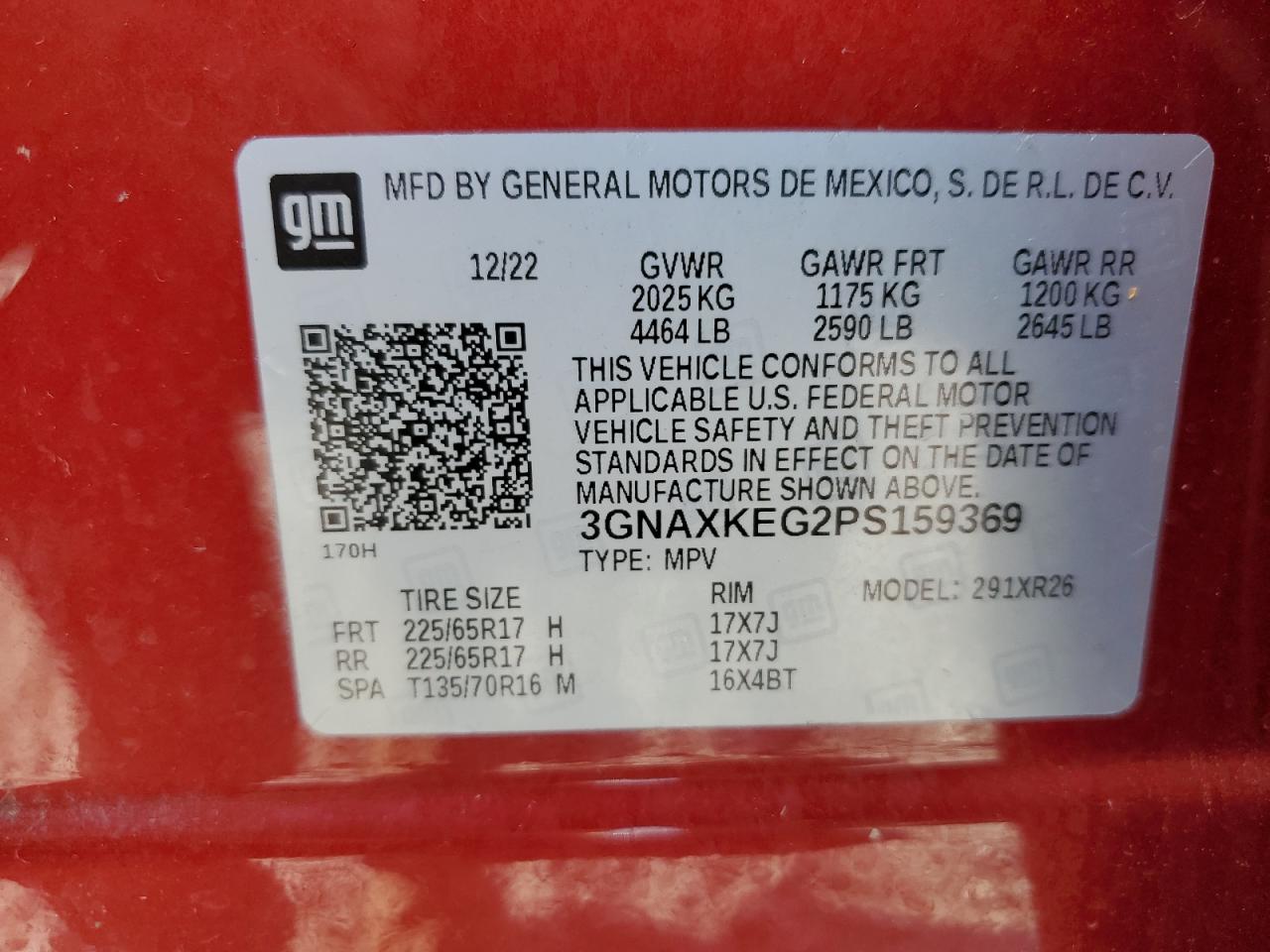 2023 CHEVROLET EQUINOX LT VIN:3GNAXKEG2PS159369