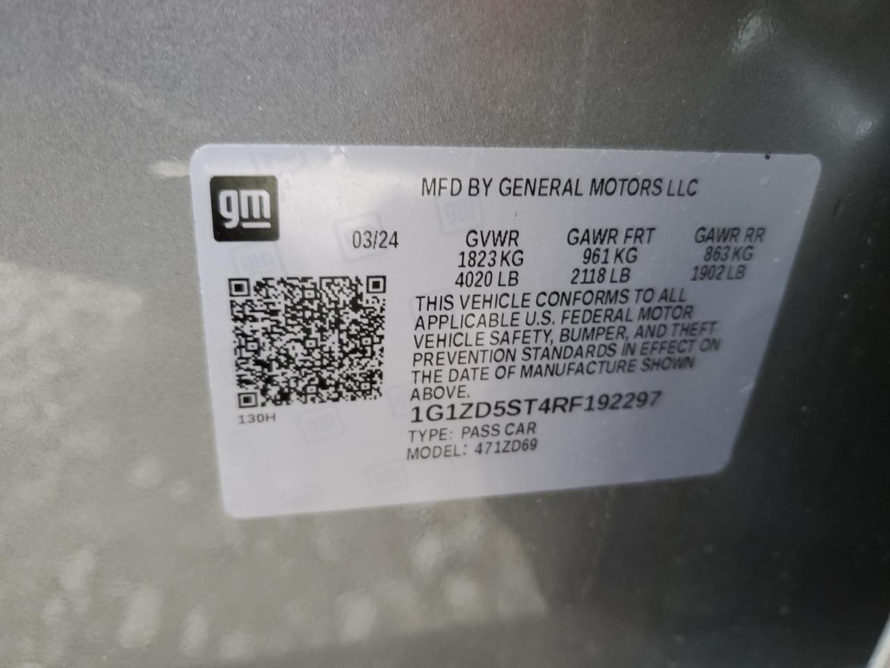 2024 CHEVROLET MALIBU LT VIN:1G1ZD5ST4RF192297