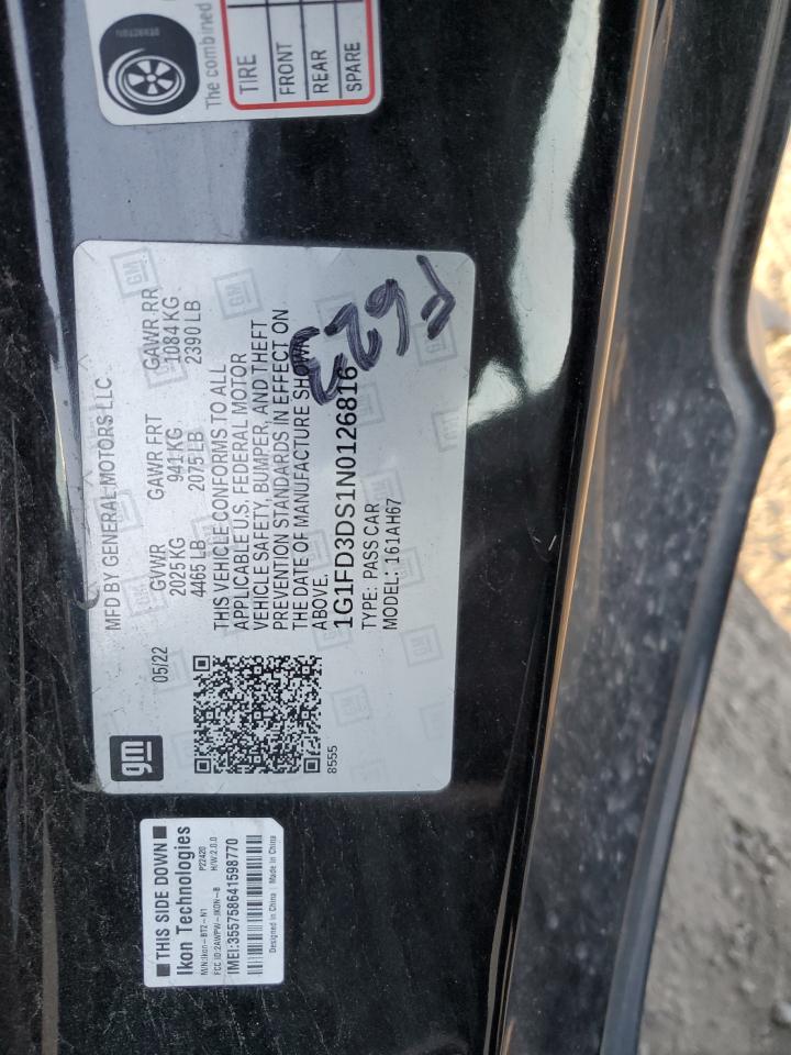 2022 CHEVROLET CAMARO LT VIN:1G1FD3DS1N0126816