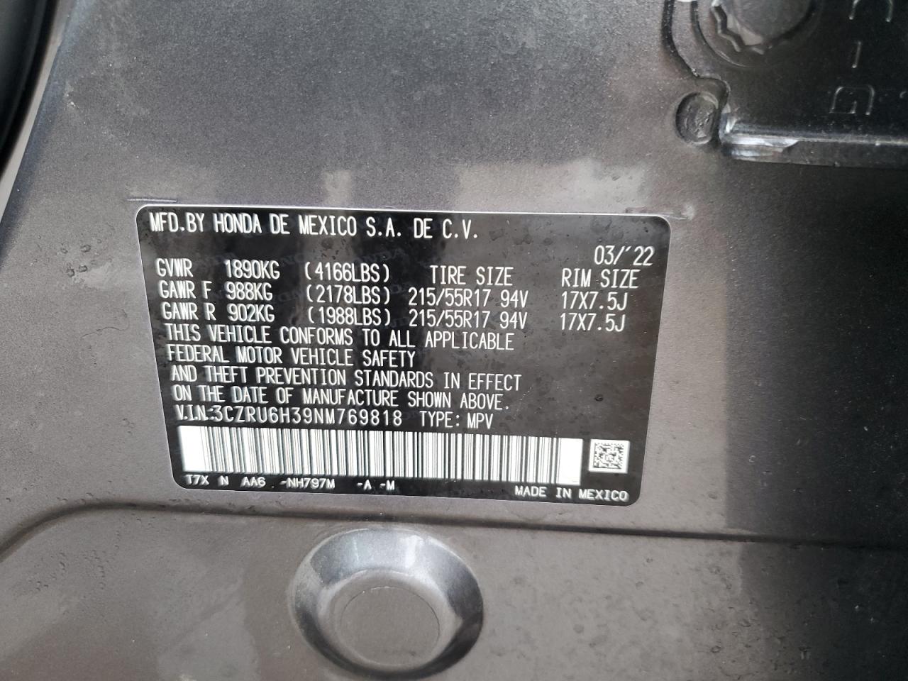 2022 HONDA HR-V LX VIN:1GNERGKW1KJ268517