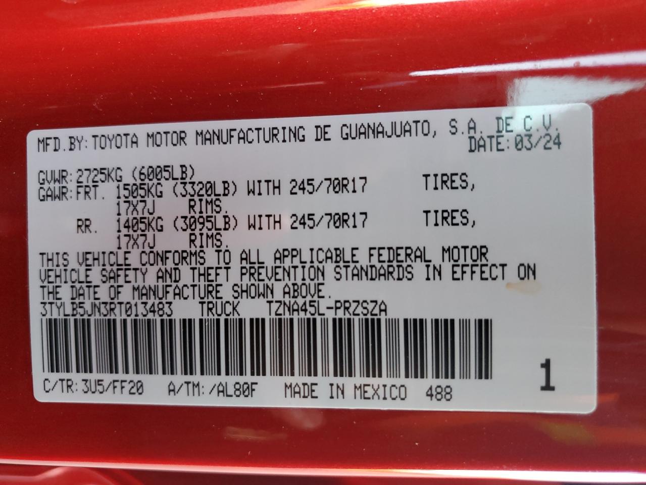 2024 TOYOTA TACOMA DOUBLE CAB VIN:3TYLB5JN3RT013483