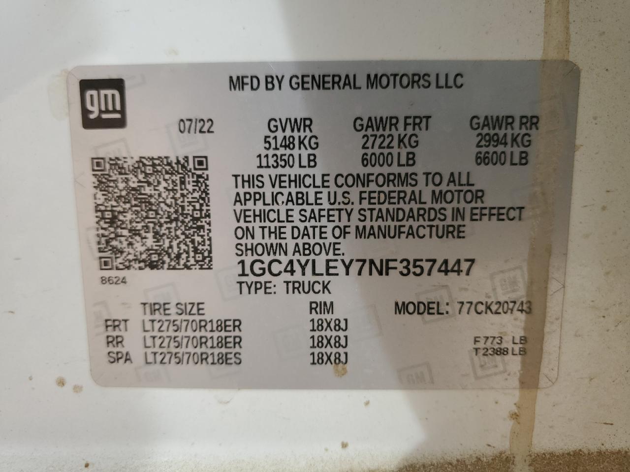 2022 CHEVROLET SILVERADO K2500 HEAVY DUTY VIN:1GC4YLEY7NF357447