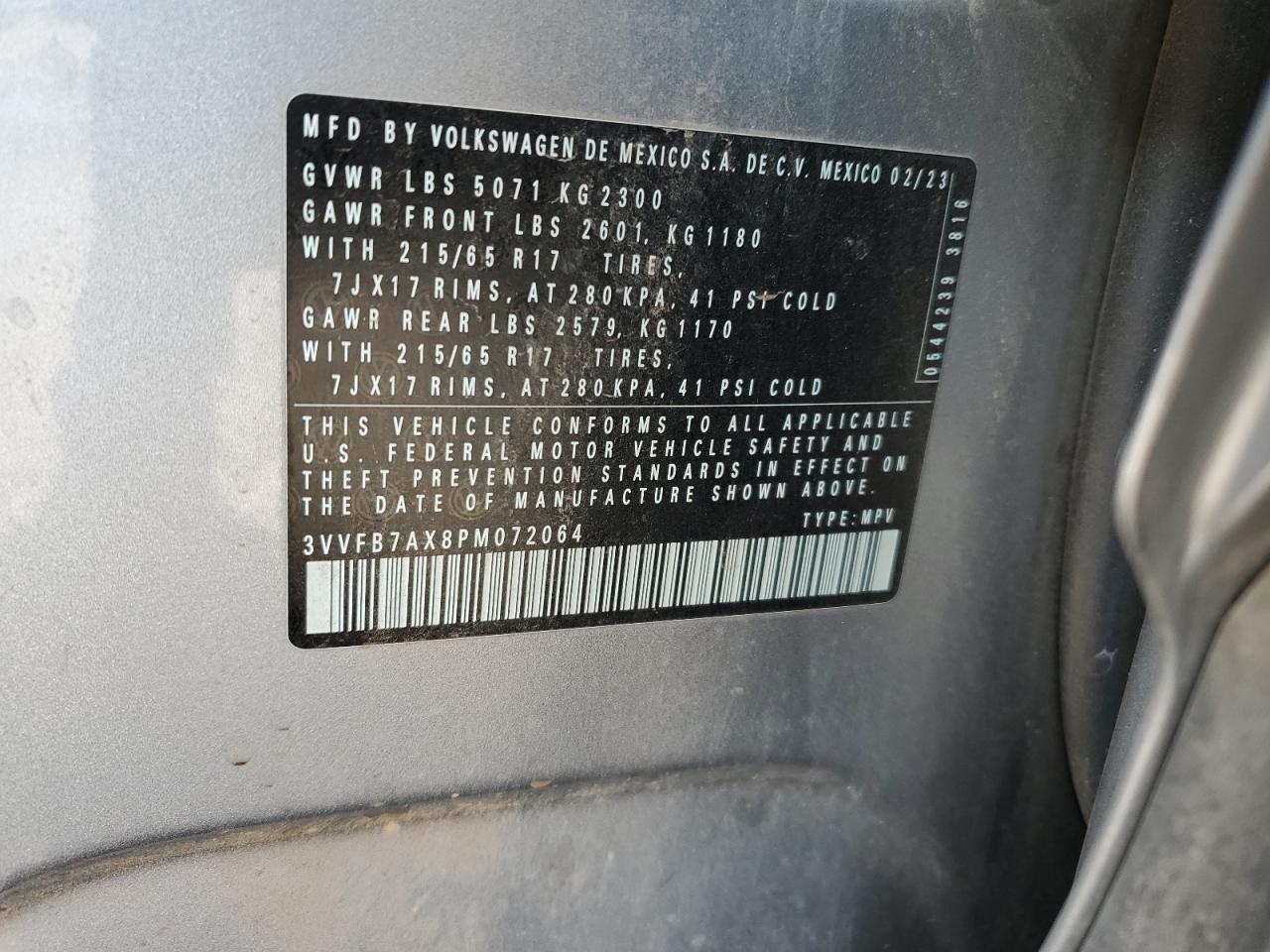 2023 VOLKSWAGEN TIGUAN S VIN:3VVFB7AX8PM072064
