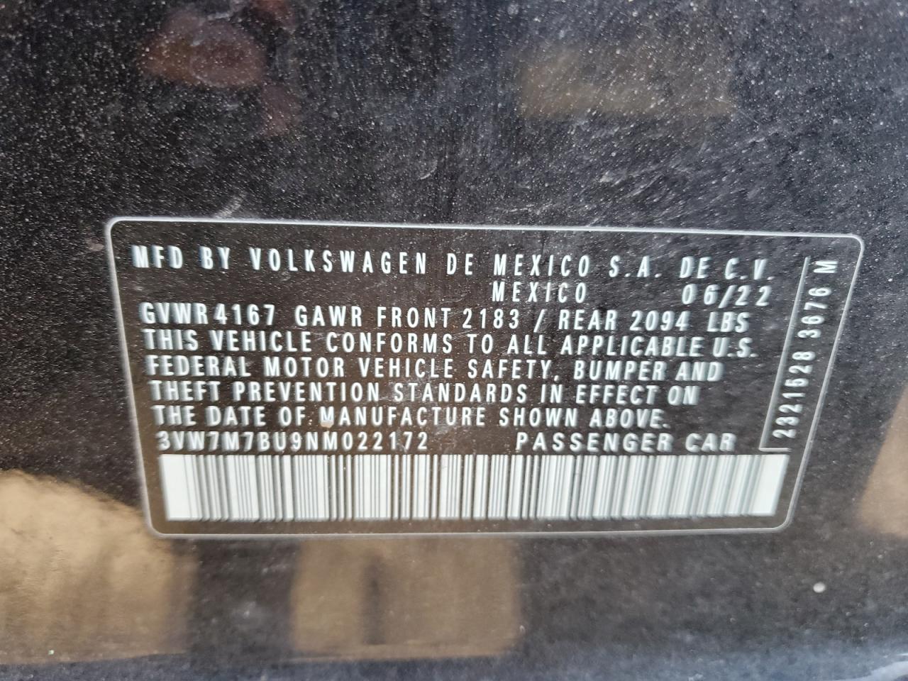 2022 VOLKSWAGEN JETTA SE VIN:3VW7M7BU9NM022172